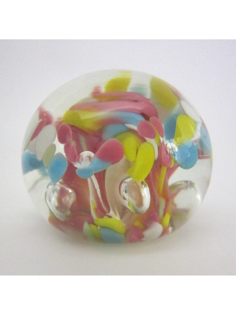 Tiara Exclusive Art Glass Paperweight Sphere Pink Yellow Blue White Bubbles
